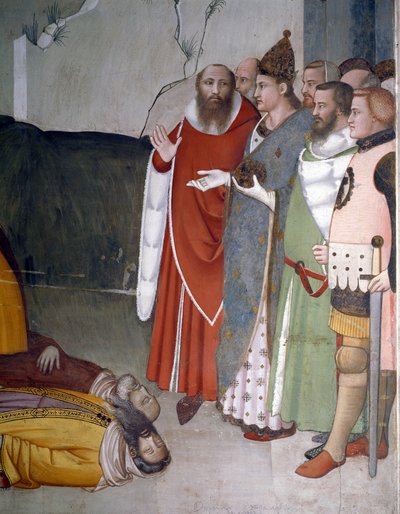 Episodes van Oudejaarsavond: Paus Sint Sylvester I wekt twee magiërs op, fresco door Maso di Banco, 14e eeuw, Florence, Chiesa di Santa Croce, Cappella Bardi door Maso di Banco