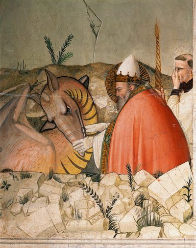 Episodes uit het oudejaarsleven: Paus Sint Sylvester I (Silvester of Silvestro) (314-335) sluit de mond van de draak. (detail) door Maso di Banco