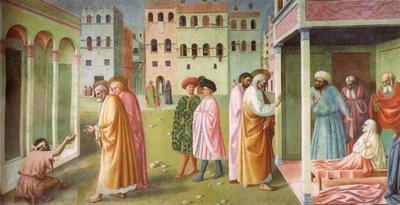 Genezing van de verlamde en opwekking van Tabitha door Masolino da Panicale