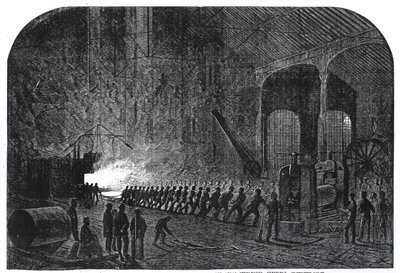 Proces van het rollen van pantserplaten voor de schepen van Hare Majesteit in de Alas Steelworks, Sheffield, illustratie uit 