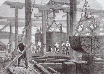 Uitzicht op bouwwerkzaamheden aan Blackfriars Bridge voor de London, Chatham en Dover Railway met het zinken van een cilinder voor een van de ronde stenen pijlers door Mason Jackson