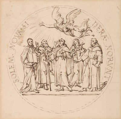 Ontwerp voor een pauselijke medaille voor de heiligverklaring door Clemens X van Sint Pius, Sint Gaetano dei Conti di Thiene, Sint Franciscus Borgia, S.J., Sint Louis Bertrand, O.P., en Sint Margaretha (koningin) van Schotland door Massimiliano Soldani