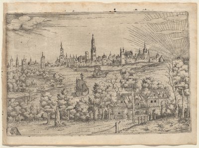 Uitzicht over een rivier naar een ommuurde stad bij zonsondergang door Master CR