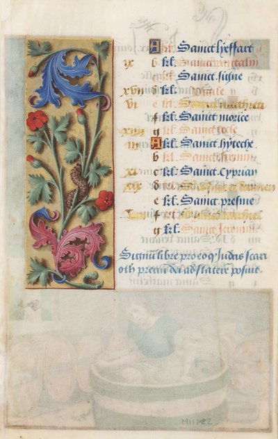 Bloemenpaneel met acanthus, roze en rups, uit de Getijden van Lodewijk XII, 1498-99 door Master Claude de France
