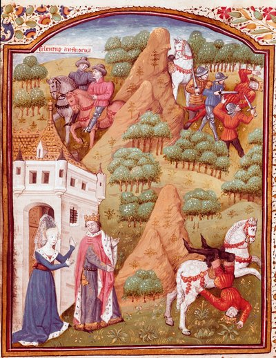 Seleucos I Nicator en zijn vader Antiochos koning van Azië en Syrië Een van de twee koningen wordt vermoord, paard valt. Miniatuur uit "Des cas des nobles hommes et femmes infortunes" (De casibus) door Giovanni Boccaccio door Master Dunois