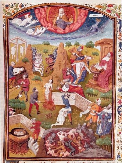 Visioen van Boccaccio: scène van marteling, ophanging, bloedbad Miniatuur uit 