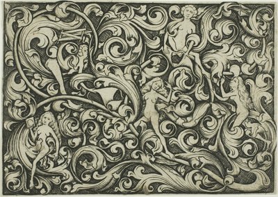 Ornament met vechtende vrouwen door Master E.S.