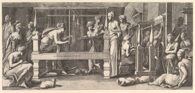 Vrouwen spinnen, weven en naaien, 1540-50 door Master FG