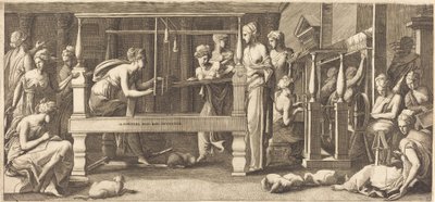 Penelope en haar dienstmeisjes aan het weven door Master FG, after Francesco Primaticcio