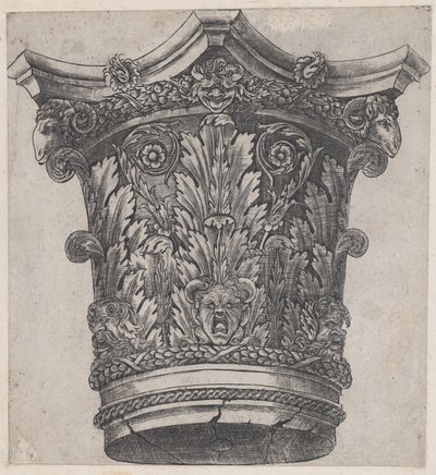 Speculum Romanae Magnificentiae: Kapiteel met ramshoofden en maskers, ca. 1537 door Master GA
