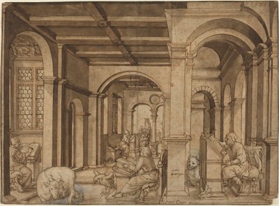 Vier Evangelisten in een Scriptorium door Master I.K.