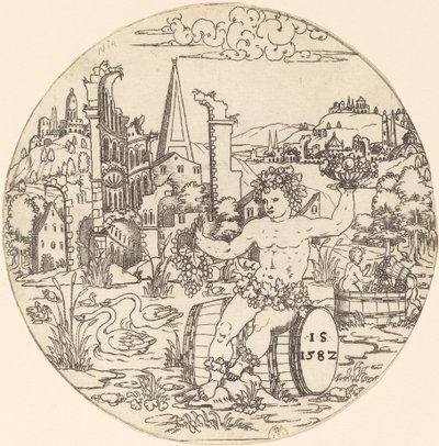 Bacchus zittend in een landschap door Master IS.