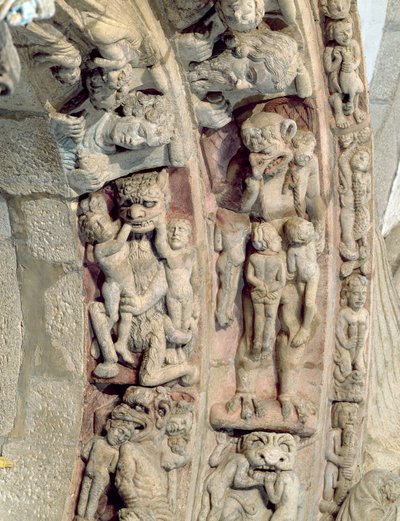 Detail van de Portico de la Gloria met scènes van de Hel door Master Mateo
