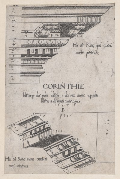 Speculum Romanae Magnificentiae: Entablementen van Santa Pudenziana en de Boog van Camigl... door Master PS