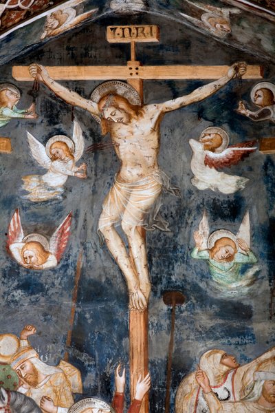 De kruisiging (detail) met de inscriptie INRI door Master Trecentesco of Sacro Speco School