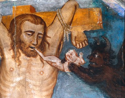 De onberouwvolle dief, gekruisigd met Jezus, zijn ziel wordt uit zijn mond getrokken door een demon door Master Trecentesco of Sacro Speco School