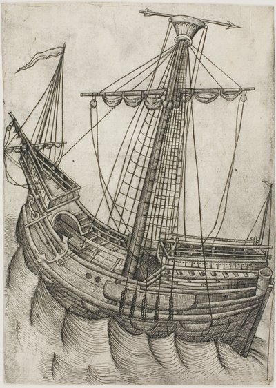 Schip met opgerolde zeilen en pijl wijzend naar rechts door Master W with the Key