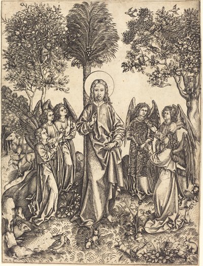 Christus in de wildernis bediend door engelen door Master i.e.