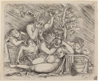 Bacchanaal Scène met Saters en een Maenade door Master of 1515