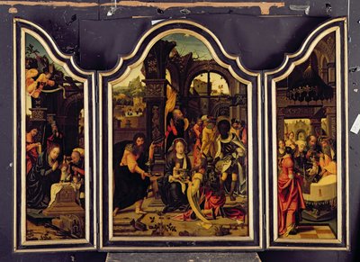 Een drieluik; De aanbidding der wijzen; De geboorte en de presentatie in de tempel; De annunciatie door Master of 1518