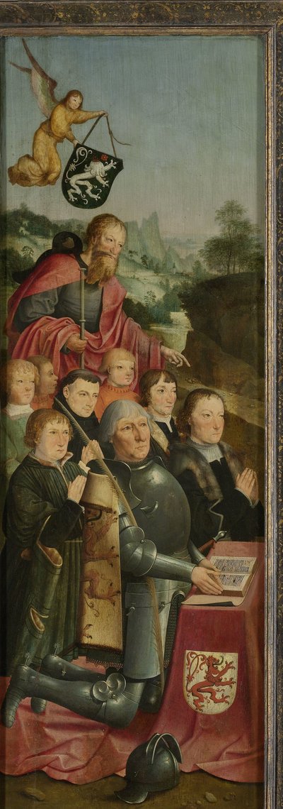 Gedenkplaat met Acht Mannelijke Portretten, waarschijnlijk Willem Jelysz van Soutelande en Familie, met Sint Jacobus de Meerdere en het Van Soutelande Familie Wapen, binnenvleugel van een altaarstuk door Master of Alkmaar