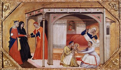 De geboorte van de Maagd Maria door Master of Ashmolean Predella