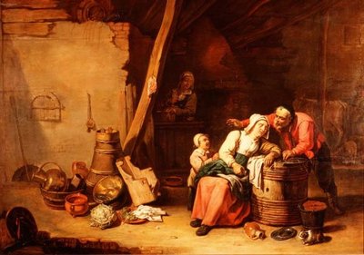 Een schuur met een boer die een oude dame wakker maakt door Master of Beguins