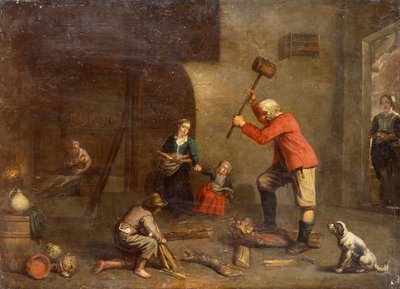 Een Keuken met een Oude Man die Hout Snijdt door Master of Beguins