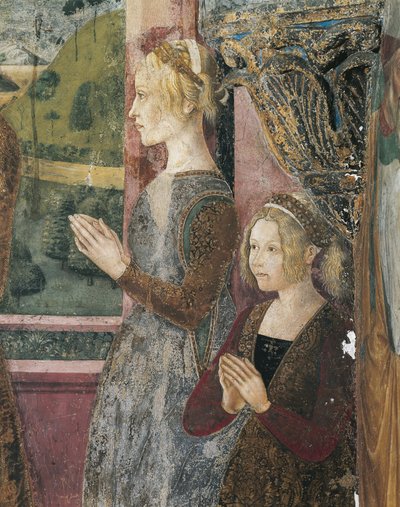 Italië, regio Piemonte, provincie Alessandria, Serralunga di Crea, Sacro Monte di Crea, Heiligdom van Santa Maria Assunta, Kapel van St. Margaretha van Antiochië, Fresco met Paleologo en Bernarda di Bosse door Master of Crea