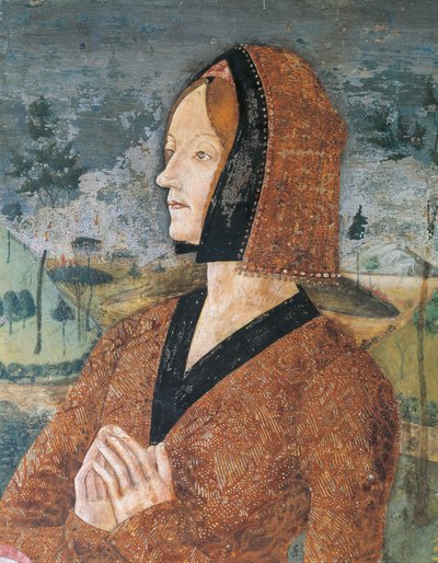 Italië, Piëmont, provincie Alessandria, Serralunga di Crea, Sacro Monte di Crea, Heiligdom van Santa Maria Assunta, Kapel van St. Margaretha van Antiochië, Portret van vrouw door Master of Crea