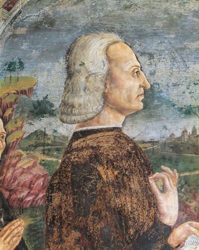 Italië, Piëmont, provincie Alessandria, Serralunga di Crea, Sacro Monte di Crea, Heiligdom van Santa Maria Assunta, Kapel van St. Margaretha van Antiochië, Portret van Guglielmo VIII Paleologo, Markies van Monferrato, Fresco door Master of Crea