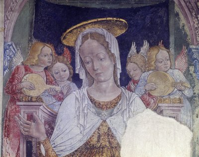 Italië, regio Piëmont, provincie Alessandria, fresco in kapel bij Basiliek van Santa Maria Assunta door Master of Crea
