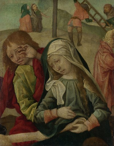 De rouwende maagd en de heilige Johannes over het lichaam van Christus, ca. 1500 (olieverf op paneel) door Master of Delft