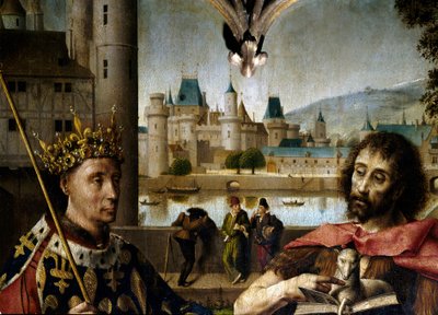 Kruisiging Christus aan het kruis omringd door Sint Jan de Doper, Sint Denis, Karel de Grote (Charlemagne), Lodewijk IX (Saint Louis), Sainte Madeleine, Sainte Marthe (detail) door Master of Dreux Bude (active c.1425 d.1450)