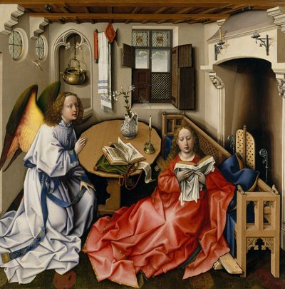 Annunciatie Drieluik (Merode Altaarstuk), ca. 1427-32 door Master of Flémalle