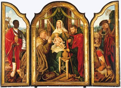 De Heilige Familie met Melchior die Goud aanbiedt aan het Christuskind door Master of Frankfurt