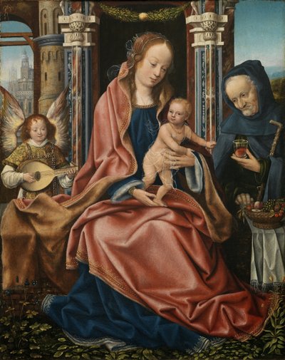 Drieluik van de Heilige Familie met Muziekmakende Engelen. Middenpaneel, ca. 1510-1520 door Master of Frankfurt