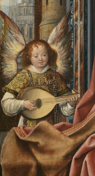 Drieluik van de Heilige Familie met Muziekmakende Engelen (detail) door Master of Frankfurt
