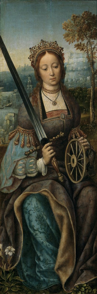Drieluik van de Heilige Familie met muziek makende engelen. Linker paneel: Sint Catharina, ca. 1510-1520 door Master of Frankfurt