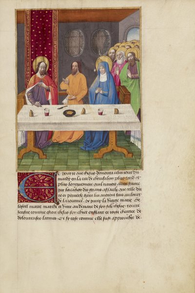 Judas aan tafel tussen Christus en de Maagd door Master of Guillaume Lambert