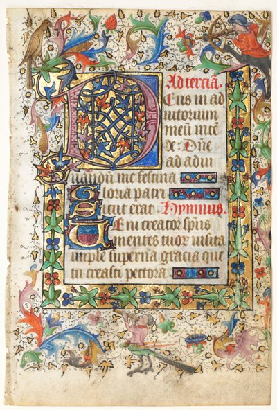 Blad uit een getijdenboek: Gedecoreerde initiaal D[eus] met gebladerde rand (Opening van Terts: Uren van de Heilige Geest) door Master of Guillebert de Mets