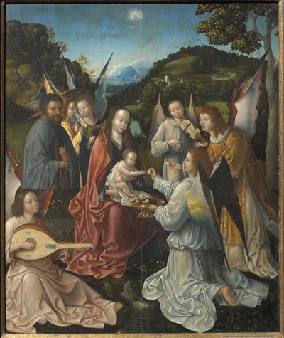 Heilige Familie met Engelen en Heiligen Catharina en Barbara Drieluik, centraal paneel, 16e eeuw door Master of Hoogstraeten