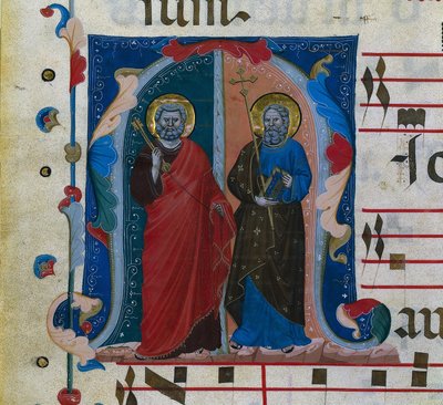 Blad uit een Graduale met geïllustreerde initiaal (M): SS. Petrus en Andreas door Master of Isaac and Esau