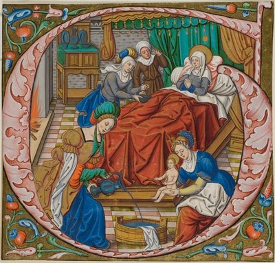 De geboorte van de Maagd in een gehistorieerde initiaal "G" uit een antifonarium door Master of Jacques de Besançon