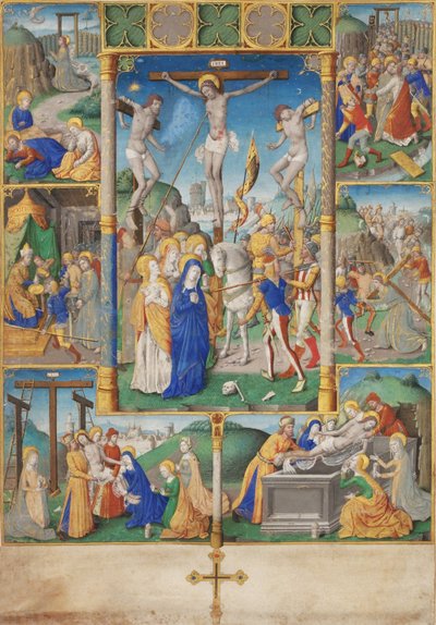 De kruisiging met zes scènes uit het lijden van Christus door Master of Jacques de Besançon