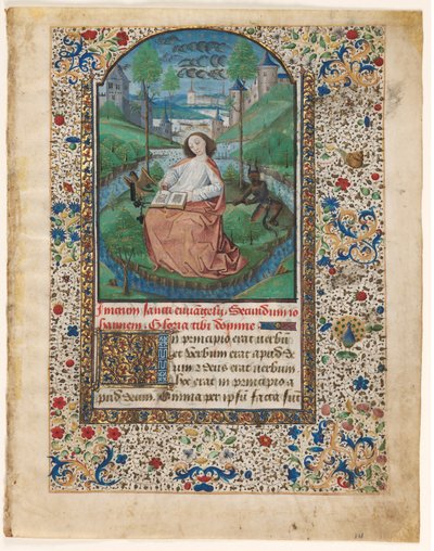 Blad uit een Getijdenboek: Johannes op Patmos (1 van 2 uitgesneden bladen) door Master of Jacques de Luxembourg