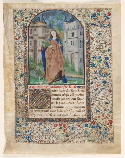 Blad uit een Getijdenboek: Sint Barbara (2 van 2 uitgesneden bladen) door Master of Jacques de Luxembourg