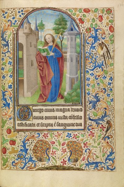 Heilige Barbara met een boek en een martelaarspalm voor een toren door Master of Jacques of Luxembourg