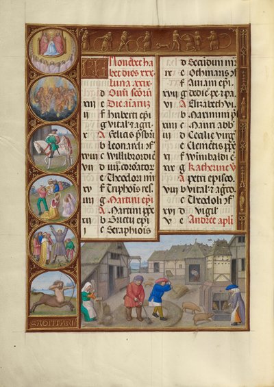 November Kalenderblad; Dorsen en varkens voeren; Boogschutter door Master of James IV of Scotland