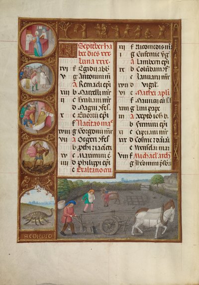 September Kalenderblad; Ploegen en zaaien; Schorpioen door Master of James IV of Scotland